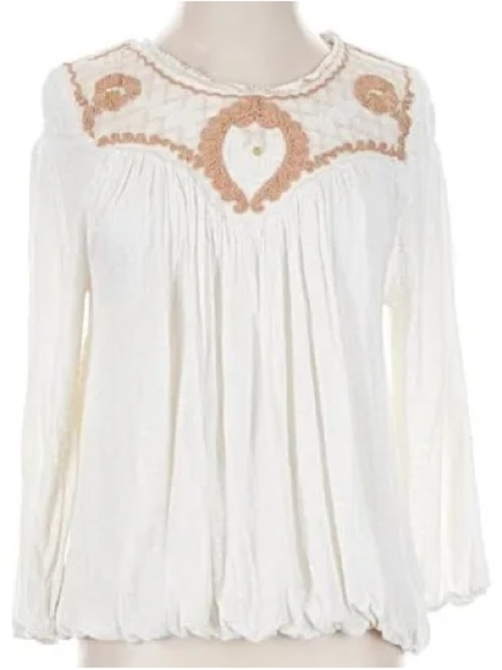 Free People Cream Long Sleeve Peasant Top with Tan Crochet Accents - Picture 2 of 9